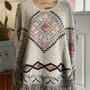 Kamana Grey and Multi Neon Aztec Poncho with Fringe Small